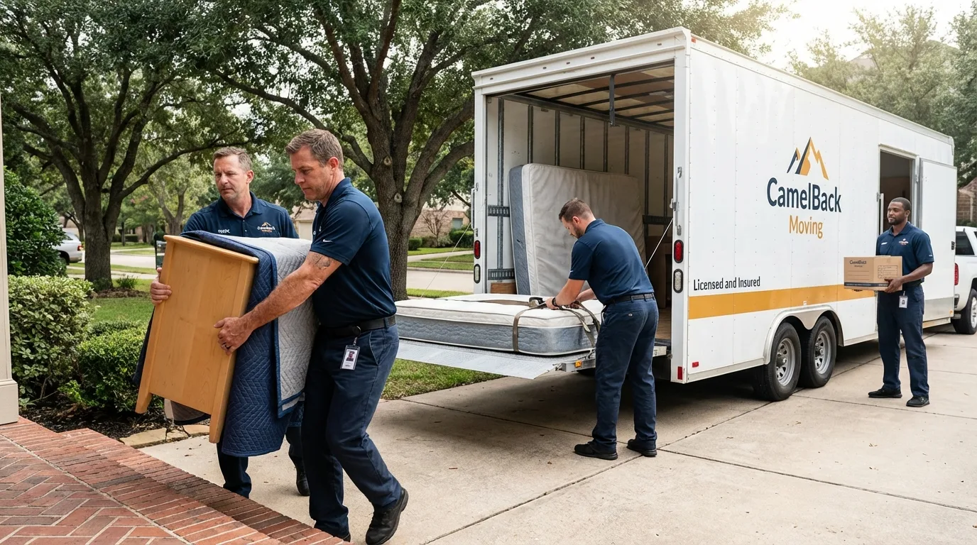Crew loading residential truck for cross-state move from Gardendale, TX