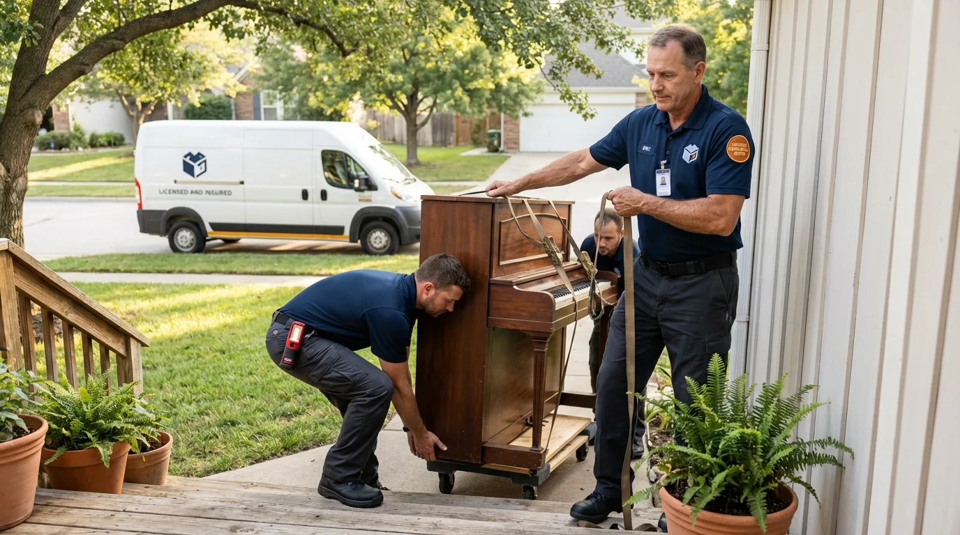 Licensed piano movers securing grand piano in Gardendale, TX