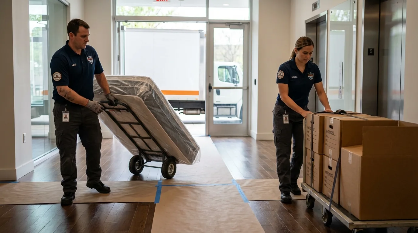 Professional apartment movers loading elevator in Gardendale, TX